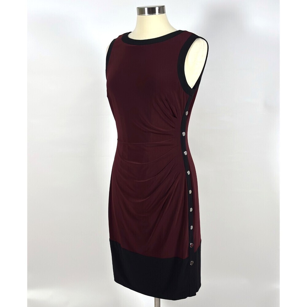 Ralph Lauren Ruched Sheath Dress Side Buttons Burgudy Black Color Block - 12